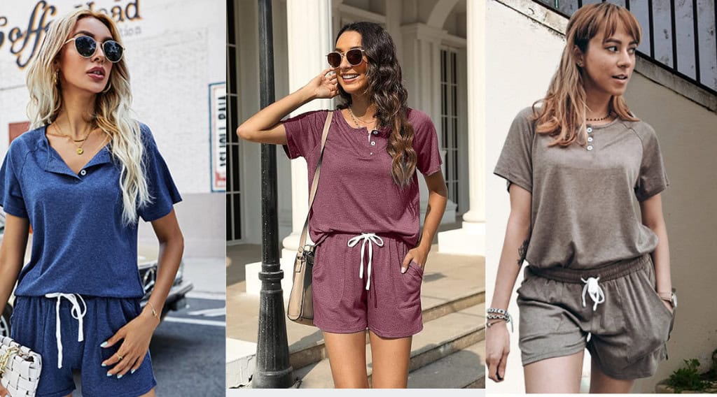 Women wearing casual summer matching sets outdoors.