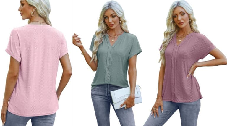 Women modeling stylish knit tops in pastel colors.