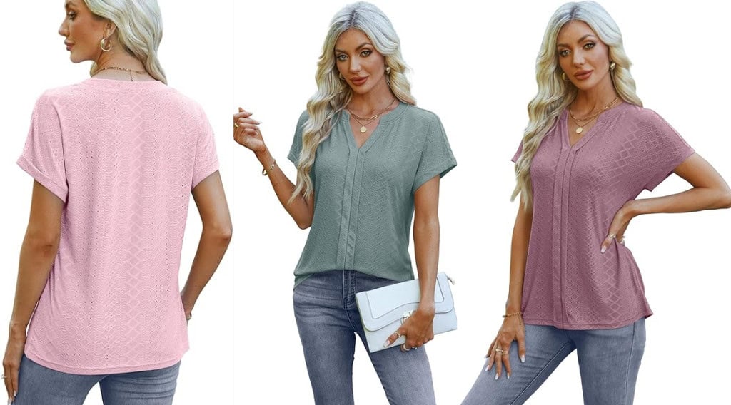 Women modeling stylish knit tops in pastel colors.