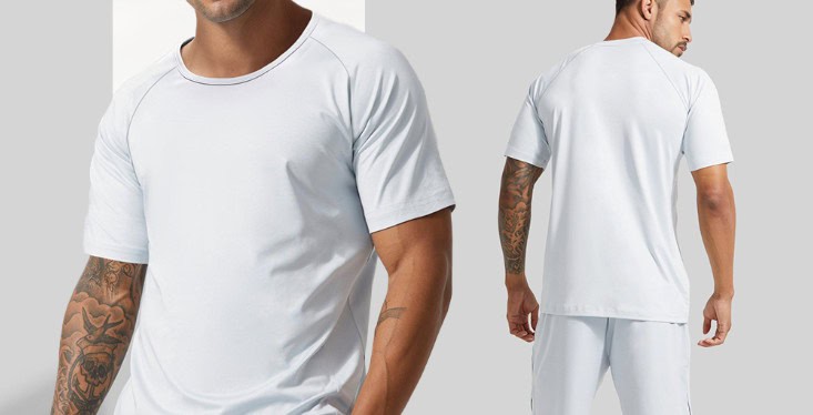 Model wearing white athletic shirt front and back view.