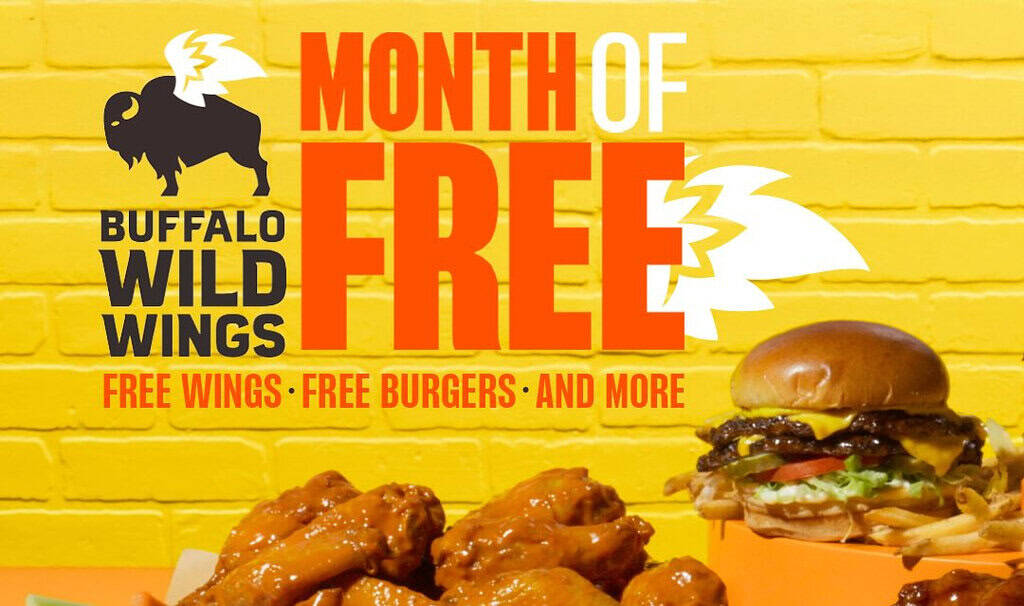 Buffalo Wild Wings free wings and burgers promotion.