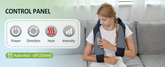 Woman using neck massager with control panel features.