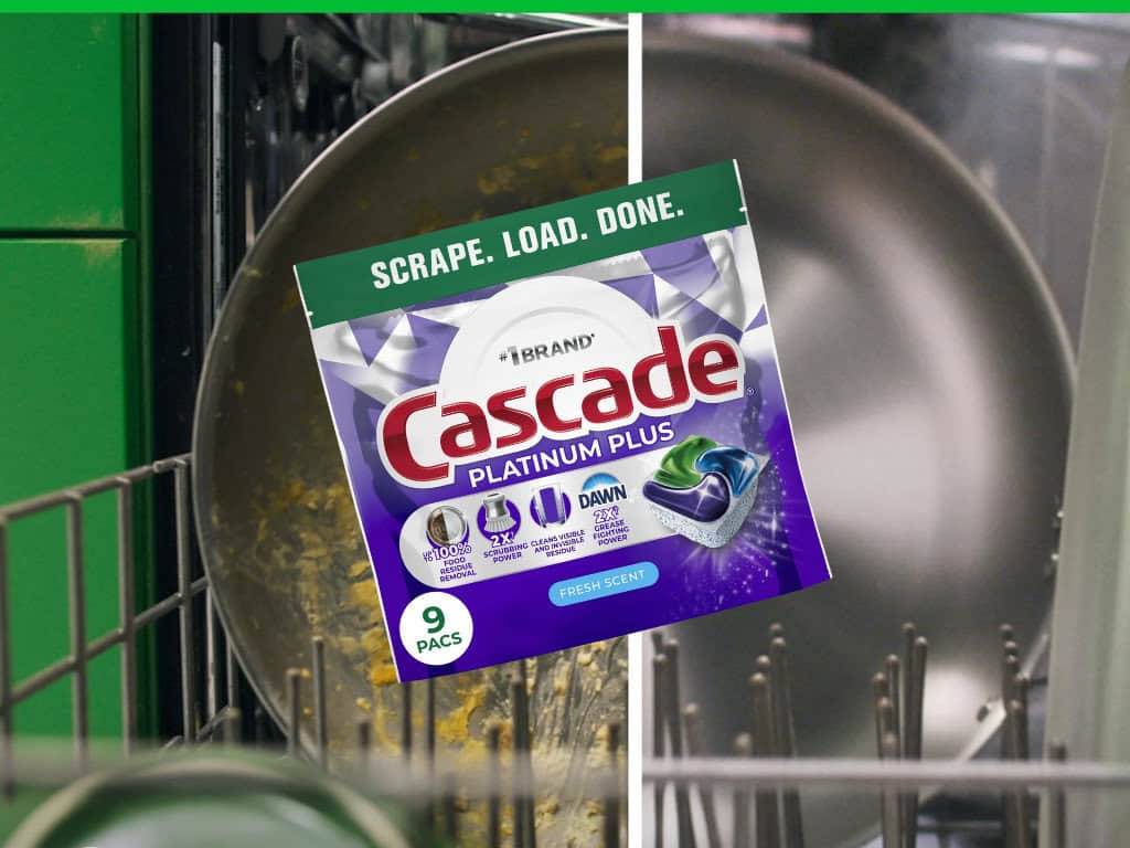 Cascade dishwasher detergent cleaning a greasy pan.