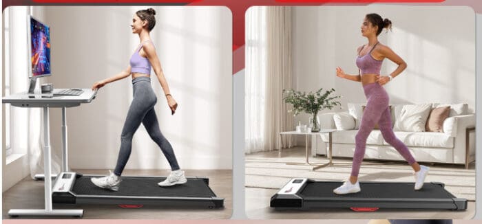 Woman using treadmill desk and home walking treadmill.