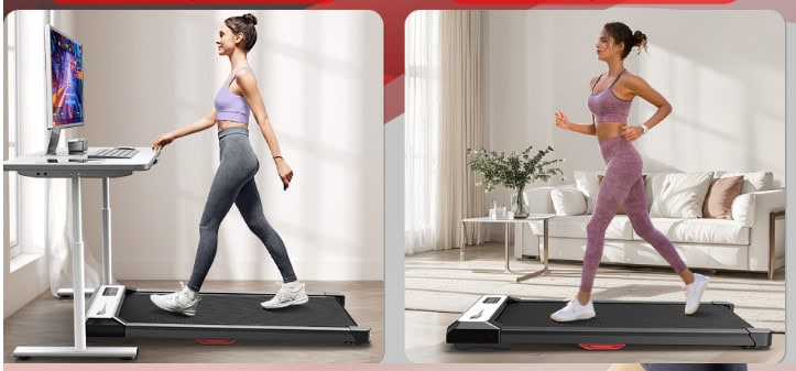 Woman using treadmill desk and home walking treadmill.