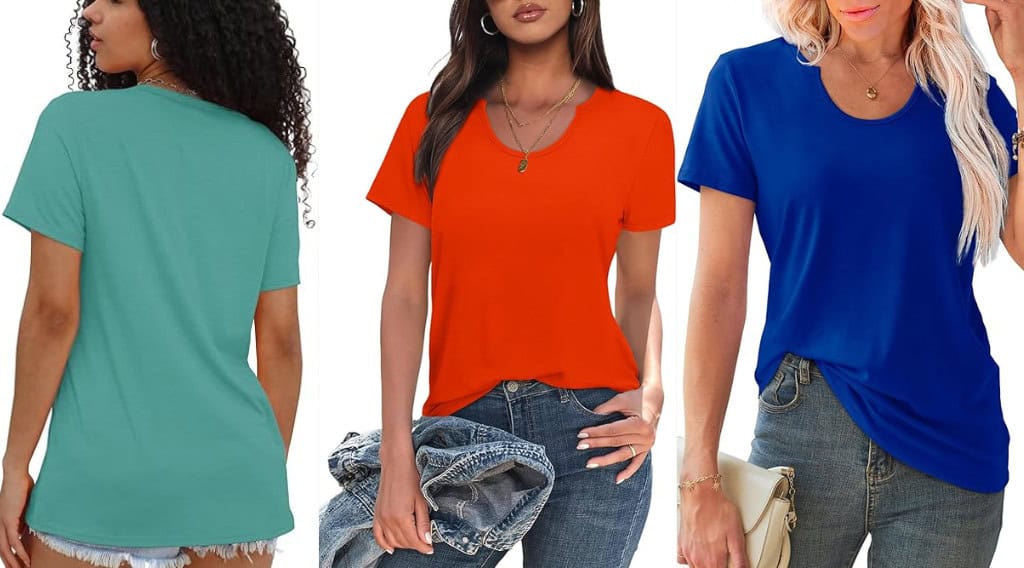 Three women in colorful t-shirts and jeans