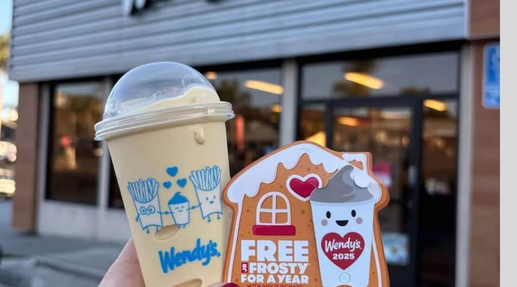 Wendy's Frosty promotion at restaurant entrance.