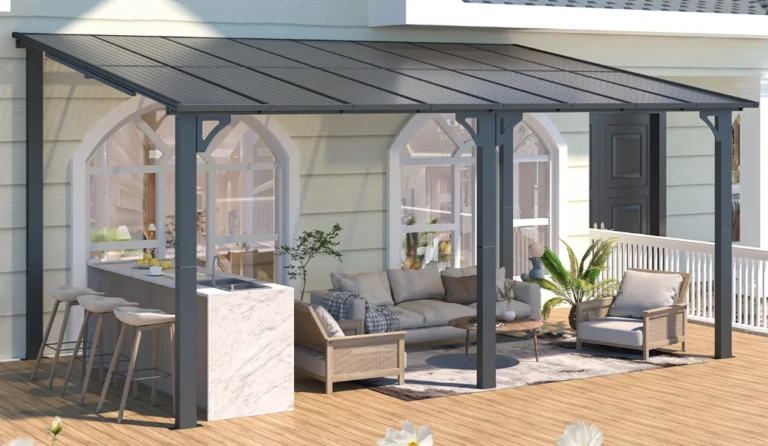 Modern patio with pergola and outdoor furniture.