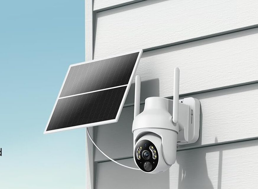 Wireless solar-powered 4G security camera on farmhouse.