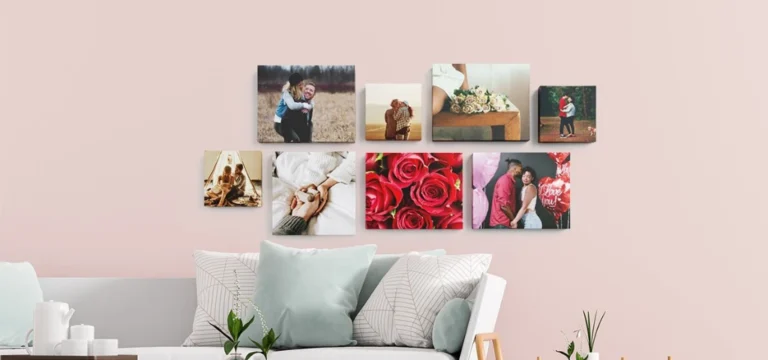 Photo collage on a pastel pink wall above sofa.