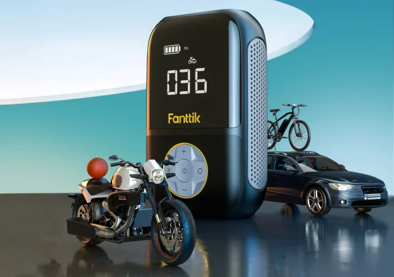 Portable tire inflator with vehicles and sports equipment.