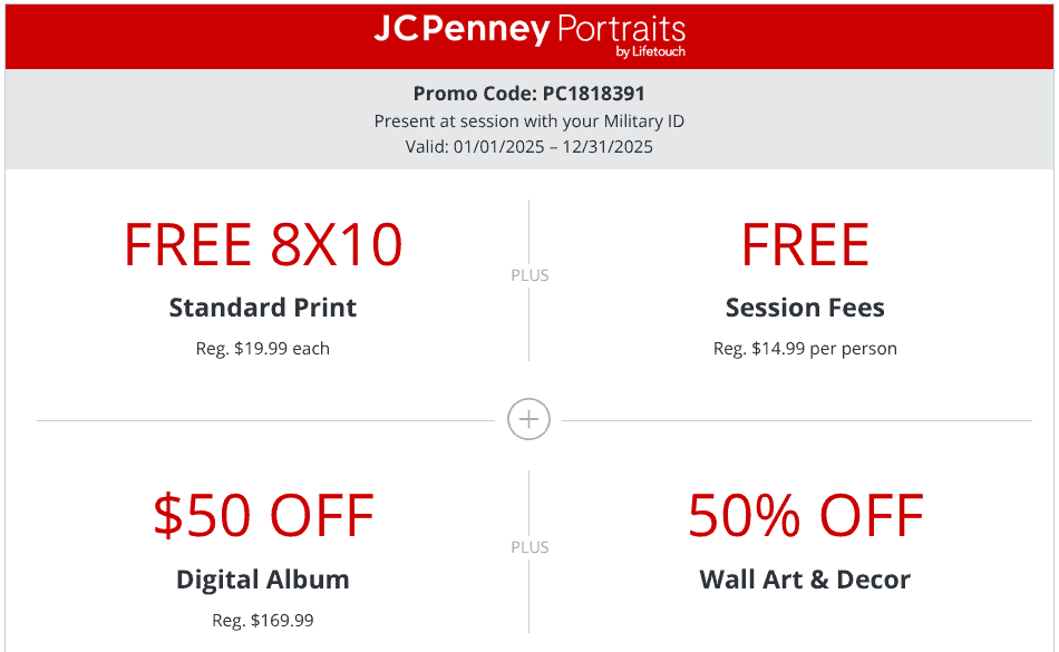 JCPenney Portraits military promotion, free sessions, discounts.