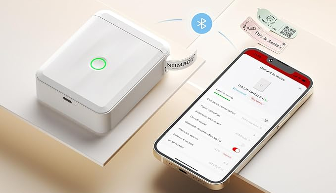 Bluetooth label printer connected to smartphone app.