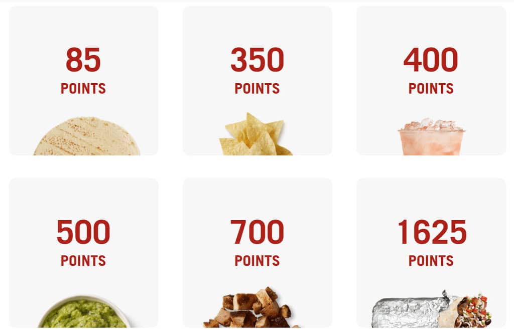 Reward points for various food items displayed.