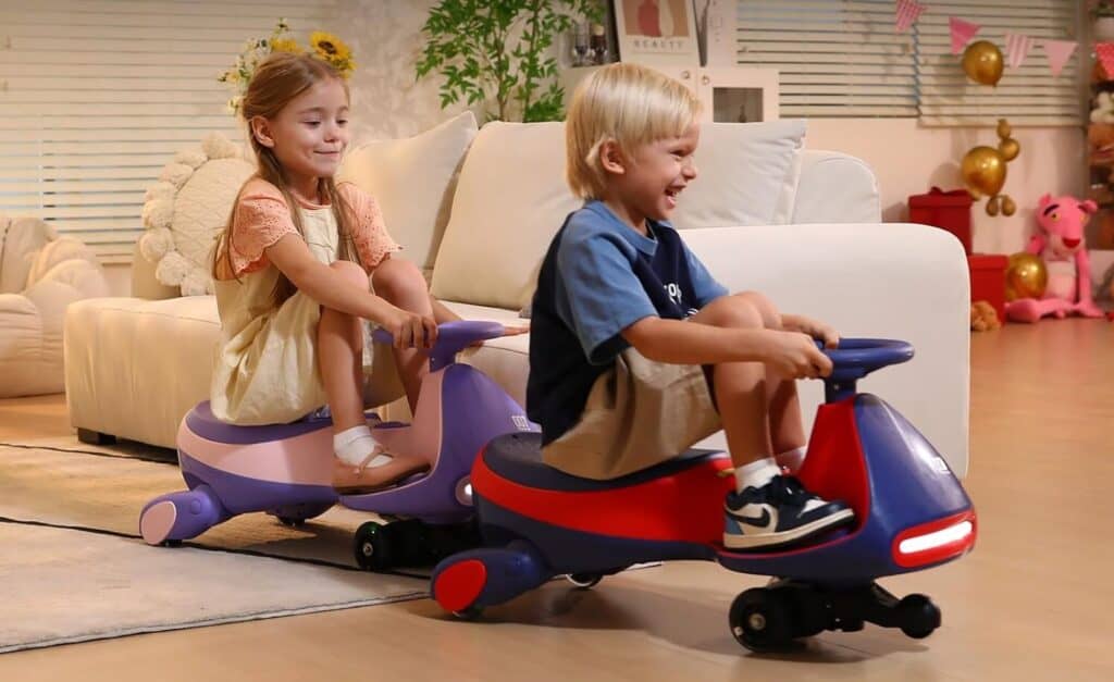 Kids riding electric toy cars indoors, 2 speeds.