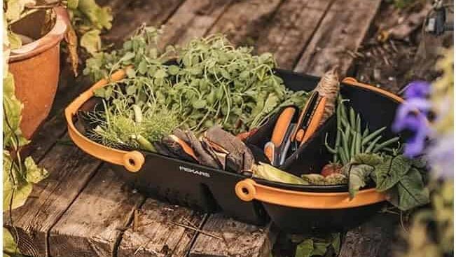 Gardening tools and herbs in a Fiskars container