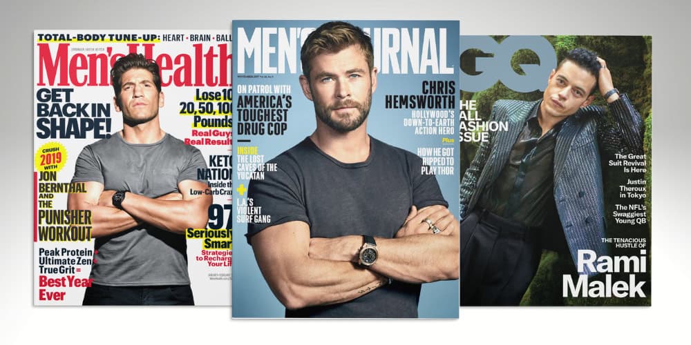 Three magazine covers featuring male celebrities.