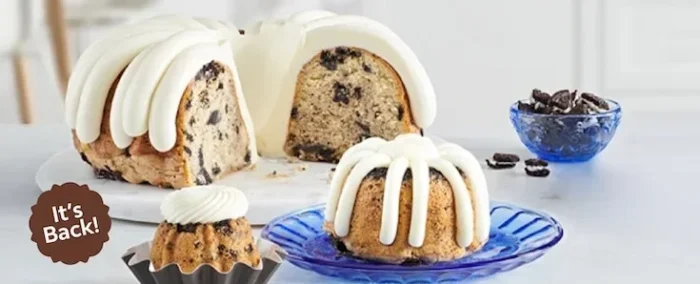 Cream cheese frosted Bundt cake with cookies and cream.