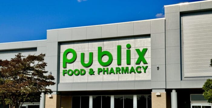Publix store entrance with Food & Pharmacy sign