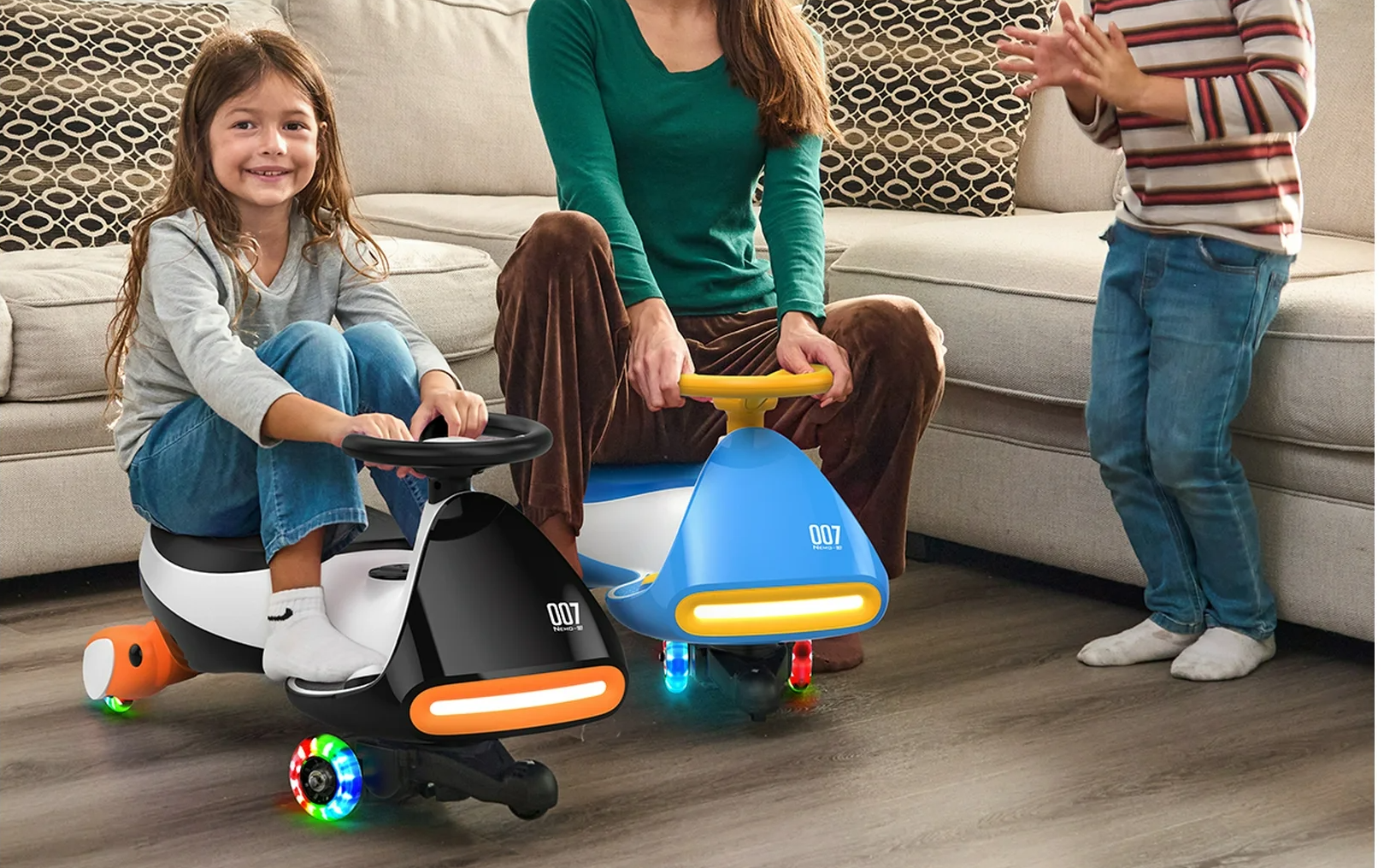 Children playing on ride-on toys indoors.