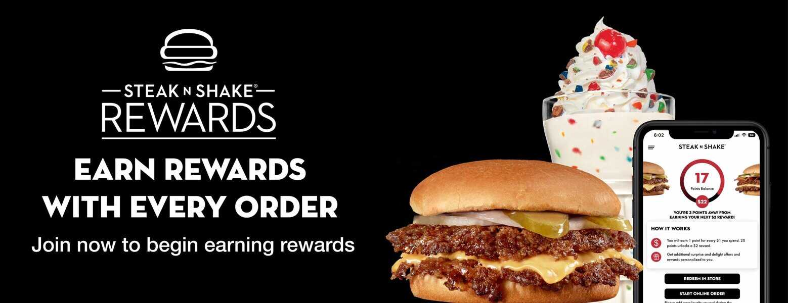 Steak 'n Shake rewards program with burger and shake.