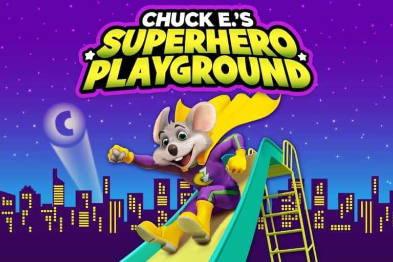 Animated mouse superhero on a slide.