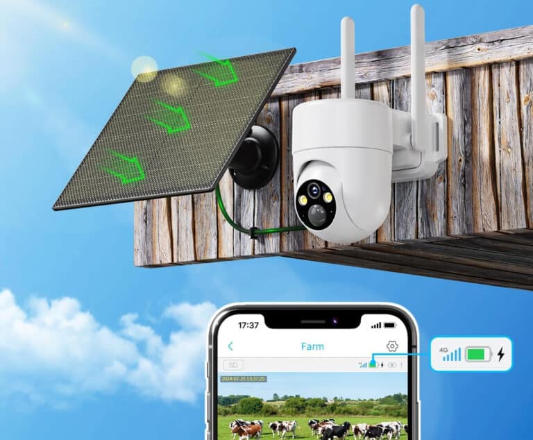 Solar-powered surveillance camera monitoring farm remotely.