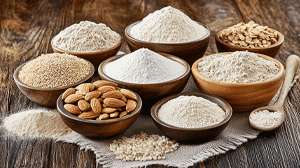 A rustic wooden table with several bowls filled with different gluten-free flours almond flour, tapioca starch, brown rice flour, oat flour,