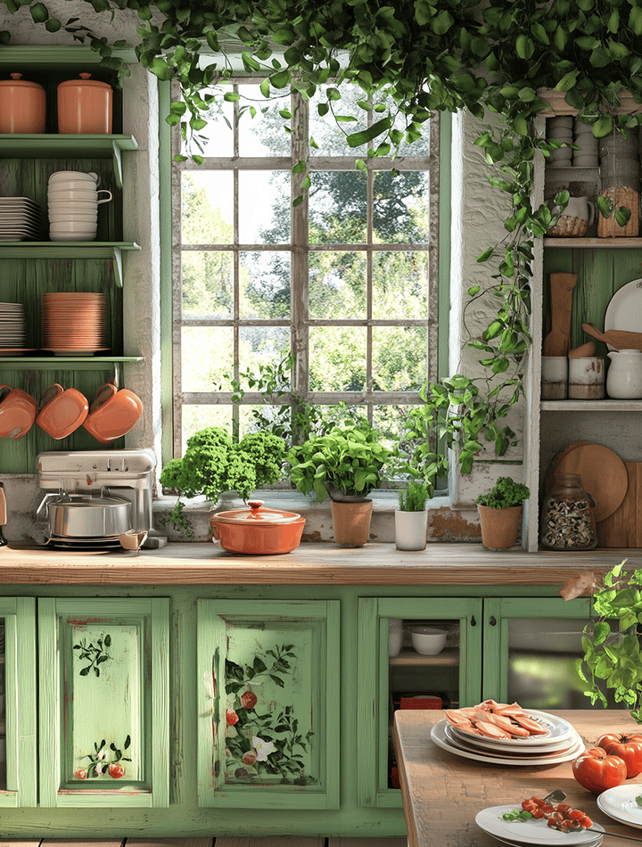 A charming country kitchen, painted cabinets, open shelves with dishes, a window overlooking a garden