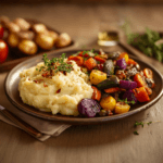 A plate of fluffy vegan mashed potatoes next to a roast vegetable medley, vibrant colors, rustic plate
