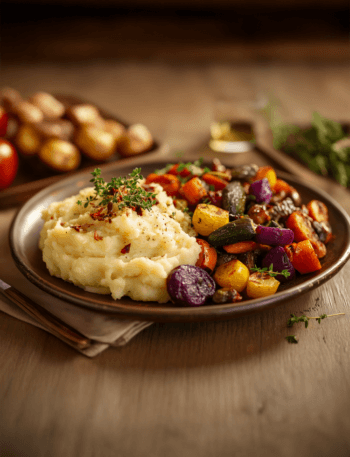 A plate of fluffy vegan mashed potatoes next to a roast vegetable medley, vibrant colors, rustic plate