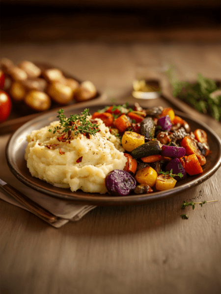 A plate of fluffy vegan mashed potatoes next to a roast vegetable medley, vibrant colors, rustic plate