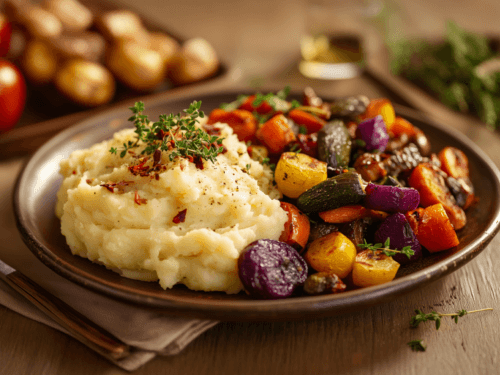 A plate of fluffy vegan mashed potatoes next to a roast vegetable medley, vibrant colors, rustic plate