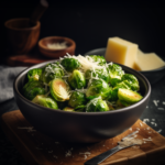 Close-up shot of vibrant green Brussels sprouts with garlic and vegan parmesan in a black bowl.