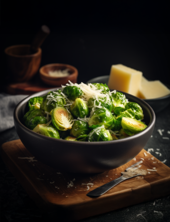 Close-up shot of vibrant green Brussels sprouts with garlic and vegan parmesan in a black bowl.