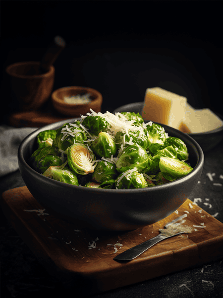 Close-up shot of vibrant green Brussels sprouts with garlic and vegan parmesan in a black bowl.