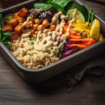 Close-up shot of a single meal prep container filled with a vibrant gluten-free vegan meal