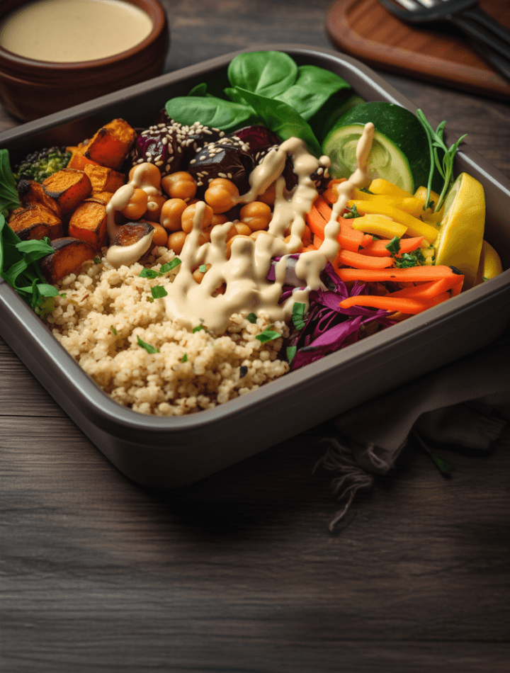 Close-up shot of a single meal prep container filled with a vibrant gluten-free vegan meal