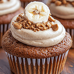 A mouthwatering photo of two perfectly baked Gluten-Free Vegan Peanut Butter Banana Cupcakes topped with swirls of fluffy Peanut Butter Cocowhip Frosting. The cupcakes are golden brown and slightly glistening, sitting on a rustic wooden board with scattered banana slices and chopped peanuts. Natural light illuminates the scene, highlighting the texture and color of the cupcakes.