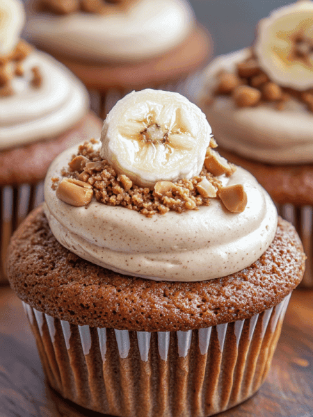 A mouthwatering photo of two perfectly baked Gluten-Free Vegan Peanut Butter Banana Cupcakes topped with swirls of fluffy Peanut Butter Cocowhip Frosting. The cupcakes are golden brown and slightly glistening, sitting on a rustic wooden board with scattered banana slices and chopped peanuts. Natural light illuminates the scene, highlighting the texture and color of the cupcakes.