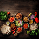 Flat lay of gluten-free vegan refried beans in a bowl, surrounded by taco shells, salsa, guacamole, and other taco toppings, vibrant colors