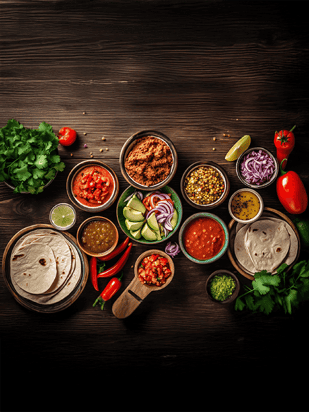 Flat lay of gluten-free vegan refried beans in a bowl, surrounded by taco shells, salsa, guacamole, and other taco toppings, vibrant colors