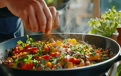 Close-up of a vibrant and delicious vegan meal being prepared, hands gently adding spices,