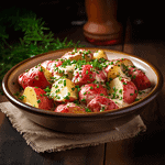 Rustic bowl filled with bright red potatoes cooked in a creamy vegan garlic butter sauce