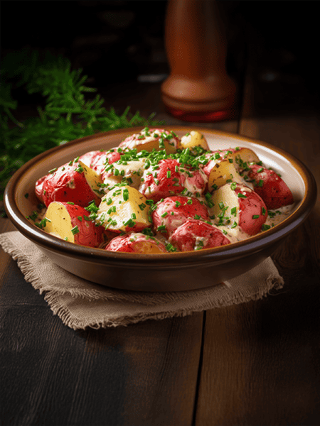 Rustic bowl filled with bright red potatoes cooked in a creamy vegan garlic butter sauce