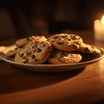 Close-up of a plate of warm, chewy gluten-free vegan chocolate chip cookies