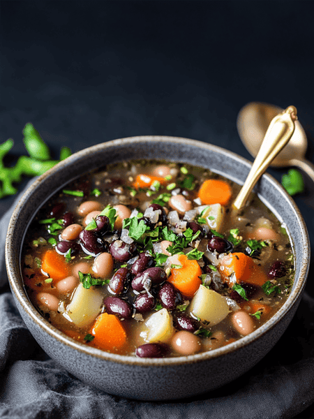A bowl of Gluten-Free & Vegan Japanese-Inspired Bean Soup garnished with green onions.