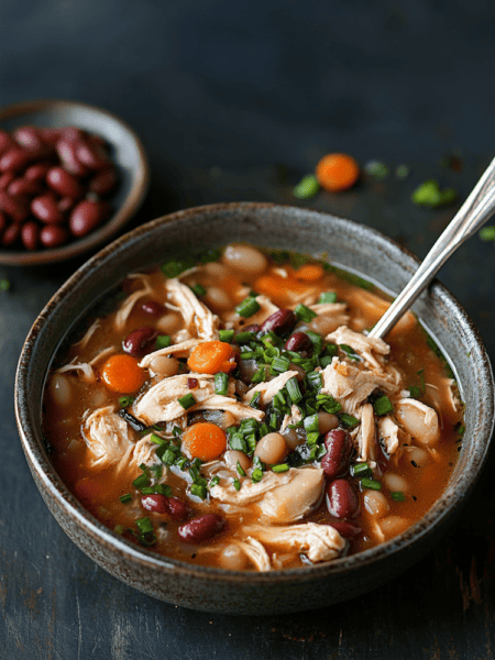 Close-up of Gluten-Free Japanese-Inspired Chicken and Bean Soup showing the chicken, beans, and vegetables