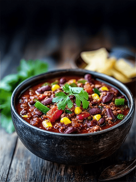Close-up of Mild Vegan & Gluten-Free Instant Pot Chili showing the texture and variety of beans and vegetables