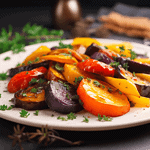 A single serving of roasted rainbow vegetables on a white plate, garnished with fresh herbs.